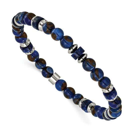 Chisel Stainless Steel Polished 6.50mm Blue Golden and Lapis Beaded 7.75 inch Stretch Bracelet SRB3274
