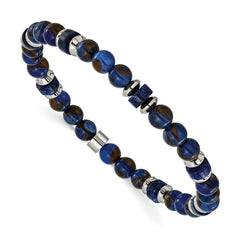 Chisel Stainless Steel Polished 6.50mm Blue Golden and Lapis Beaded 7.75 inch Stretch Bracelet SRB3274