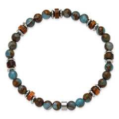 Chisel Stainless Steel Polished 6.60mm Blue Golden and Brown Tiger's Eye Beaded 7.75 inch Stretch Bracelet SRB3275