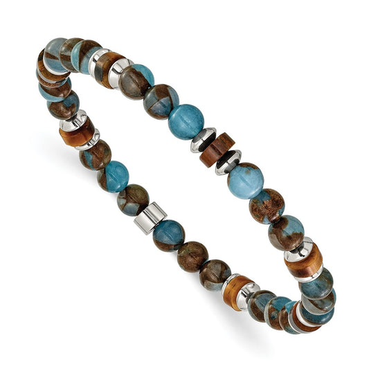 Chisel Stainless Steel Polished 6.60mm Blue Golden and Brown Tiger's Eye Beaded 7.75 inch Stretch Bracelet SRB3275