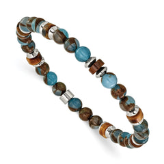 Chisel Stainless Steel Polished 6.60mm Blue Golden and Brown Tiger's Eye Beaded 7.75 inch Stretch Bracelet SRB3275