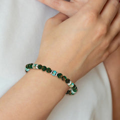 Chisel Stainless Steel Polished 6.60mm Marine-green Emperor and Green Golden Beaded 7.75 inch Stretch Bracelet SRB3276