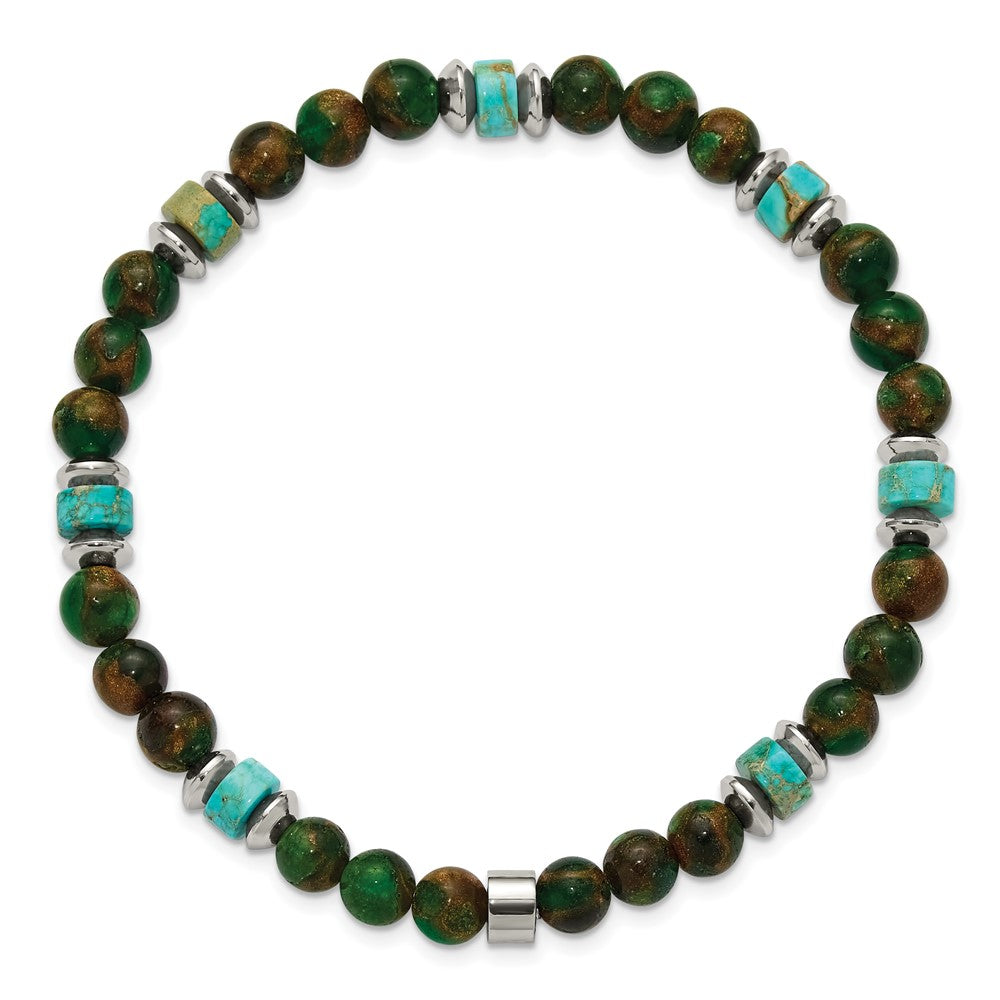Chisel Stainless Steel Polished 6.60mm Marine-green Emperor and Green Golden Beaded 7.75 inch Stretch Bracelet SRB3276