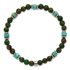 Chisel Stainless Steel Polished 6.60mm Marine-green Emperor and Green Golden Beaded 7.75 inch Stretch Bracelet SRB3276