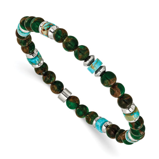 Chisel Stainless Steel Polished 6.60mm Marine-green Emperor and Green Golden Beaded 7.75 inch Stretch Bracelet SRB3276