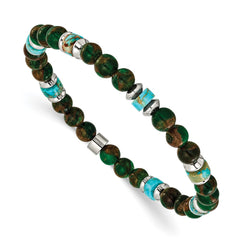 Chisel Stainless Steel Polished 6.60mm Marine-green Emperor and Green Golden Beaded 7.75 inch Stretch Bracelet SRB3276