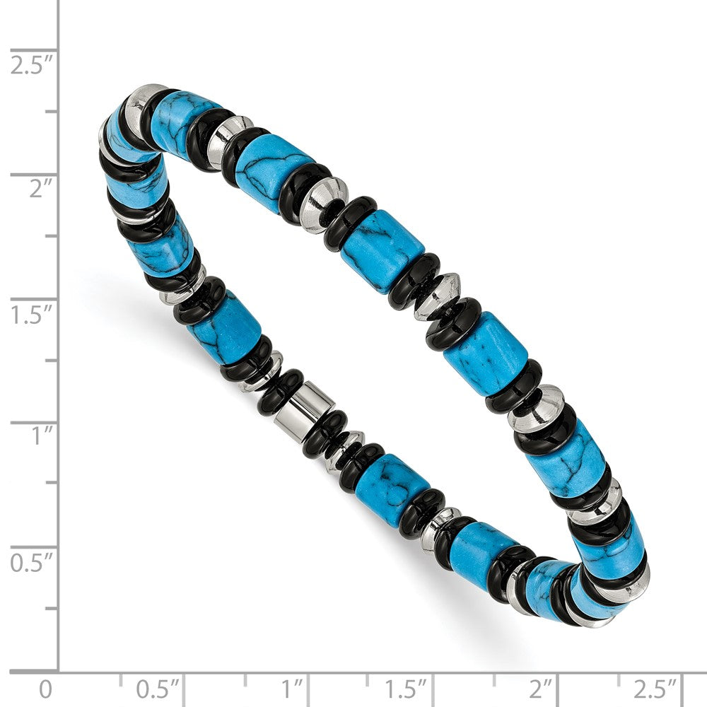 Chisel Stainless Steel Polished 6.50mm Turquoise and Black Onyx Beaded 7.5 inch Stretch Bracelet SRB3278