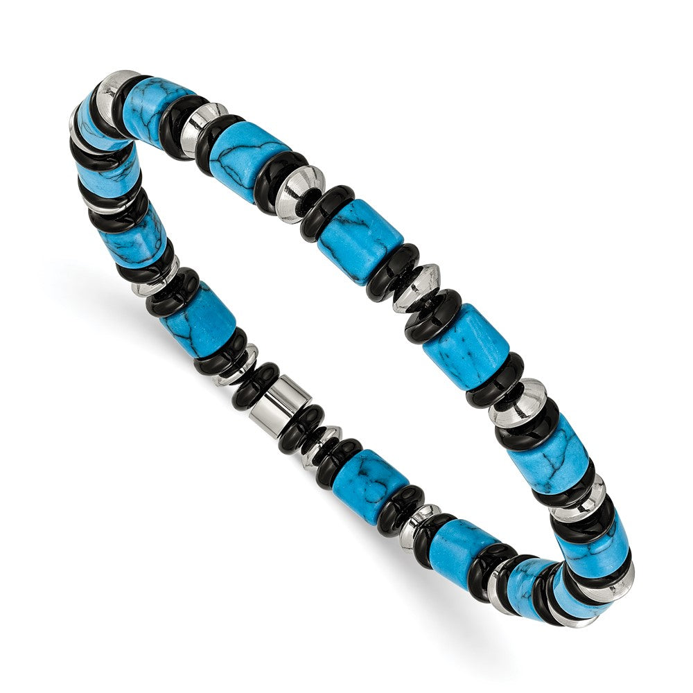Chisel Stainless Steel Polished 6.50mm Turquoise and Black Onyx Beaded 7.5 inch Stretch Bracelet SRB3278