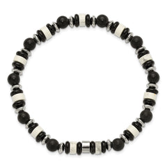 Chisel Stainless Steel Polished 6.50mm White Howlite and Black Onyx Beaded 7.5 inch Stretch Bracelet SRB3279