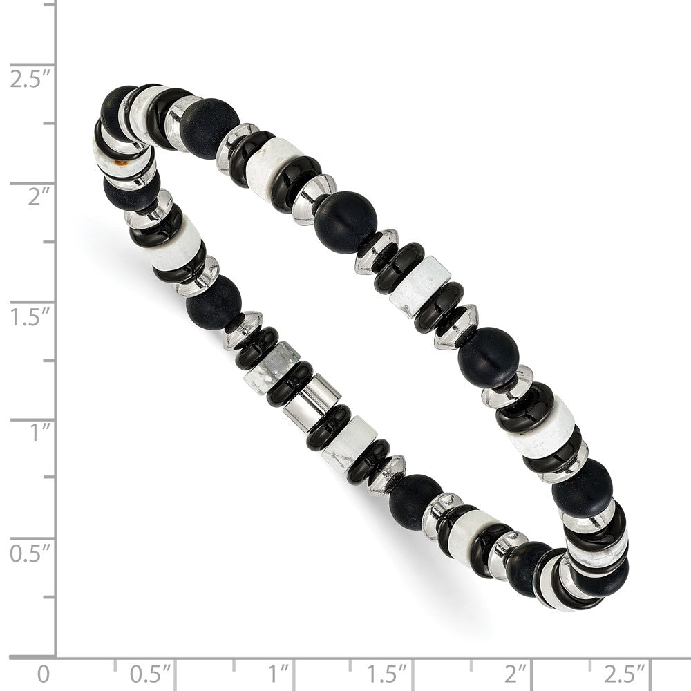 Chisel Stainless Steel Polished 6.50mm White Howlite and Black Onyx Beaded 7.5 inch Stretch Bracelet SRB3279