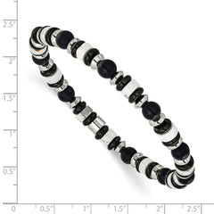 Chisel Stainless Steel Polished 6.50mm White Howlite and Black Onyx Beaded 7.5 inch Stretch Bracelet SRB3279