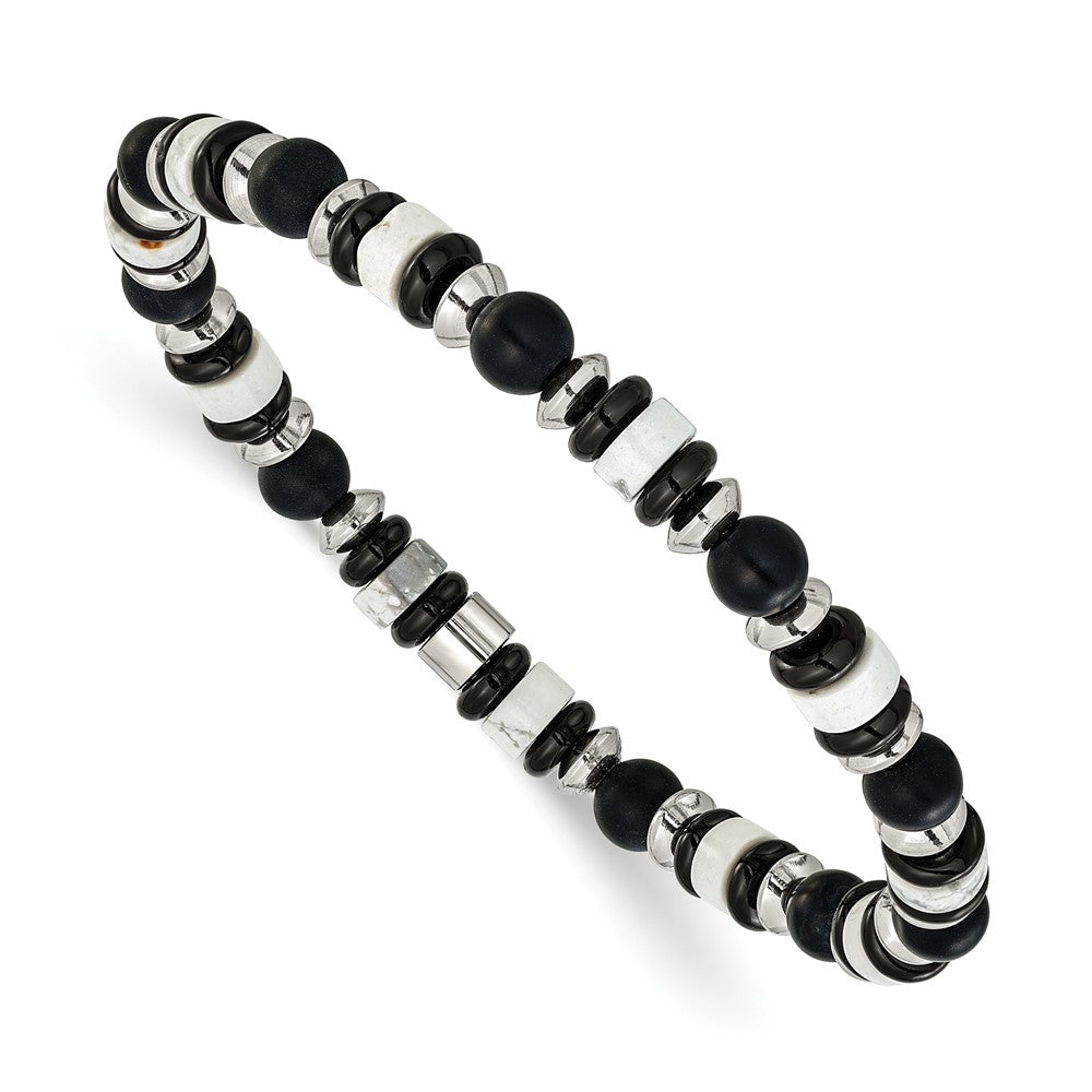 Chisel Stainless Steel Polished 6.50mm White Howlite and Black Onyx Beaded 7.5 inch Stretch Bracelet SRB3279