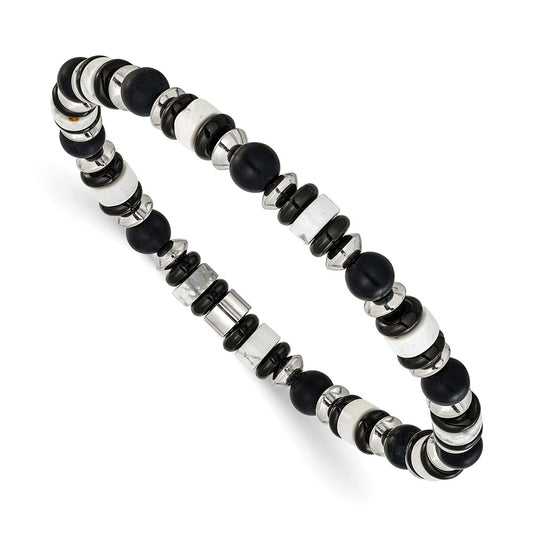 Chisel Stainless Steel Polished 6.50mm White Howlite and Black Onyx Beaded 7.5 inch Stretch Bracelet SRB3279