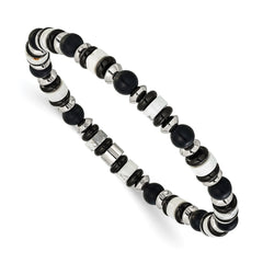 Chisel Stainless Steel Polished 6.50mm White Howlite and Black Onyx Beaded 7.5 inch Stretch Bracelet SRB3279