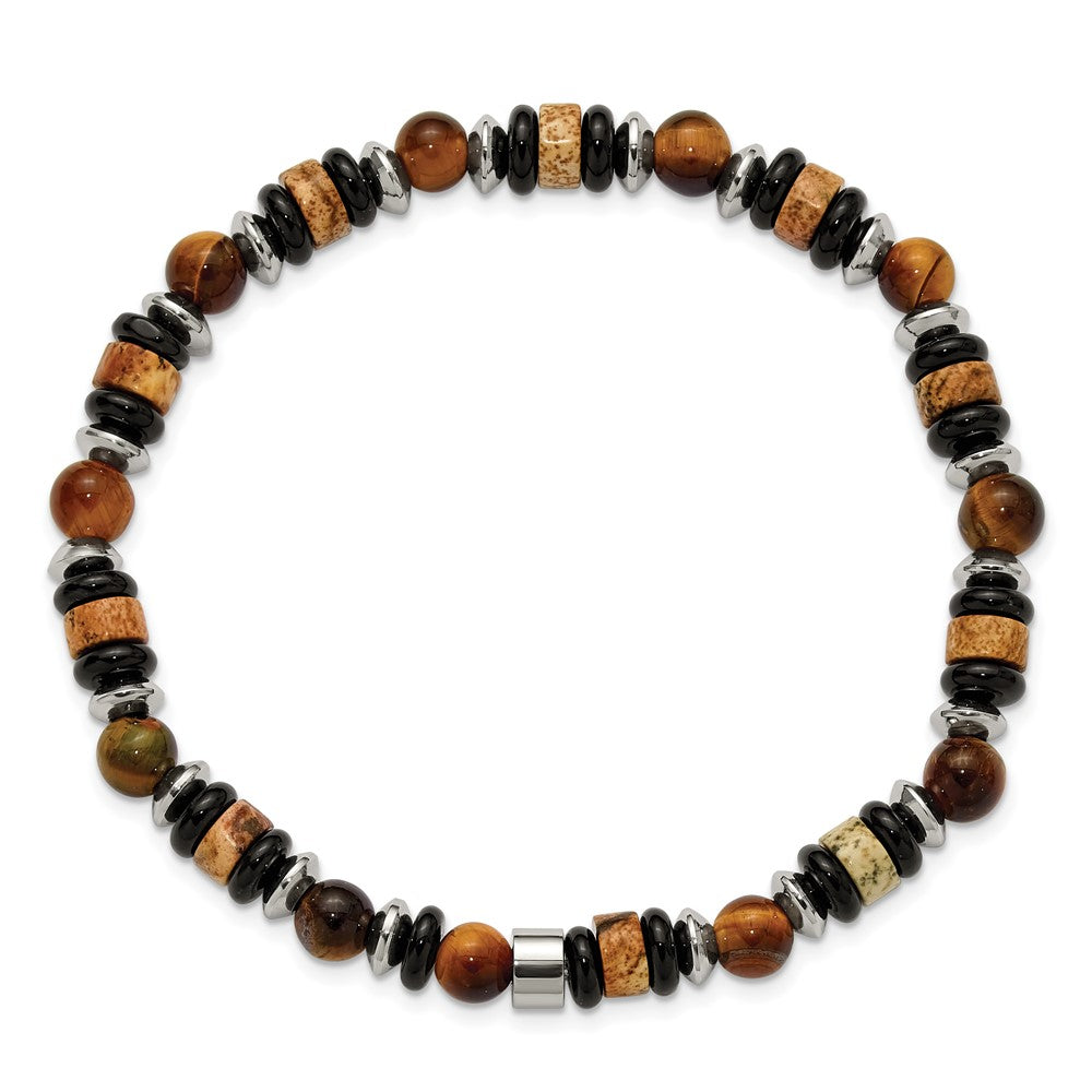 Chisel Stainless Steel Polished 6.50mm Tiger's Eye, Picture Jasper and Black Onyx Beaded 7.5 inch Stretch Bracelet SRB3280