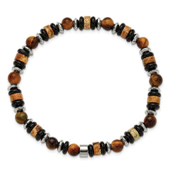 Chisel Stainless Steel Polished 6.50mm Tiger's Eye, Picture Jasper and Black Onyx Beaded 7.5 inch Stretch Bracelet SRB3280