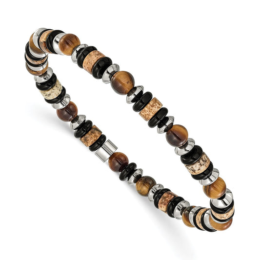 Chisel Stainless Steel Polished 6.50mm Tiger's Eye, Picture Jasper and Black Onyx Beaded 7.5 inch Stretch Bracelet SRB3280