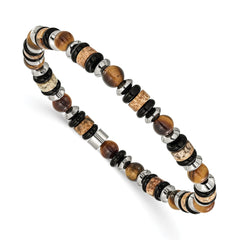 Chisel Stainless Steel Polished 6.50mm Tiger's Eye, Picture Jasper and Black Onyx Beaded 7.5 inch Stretch Bracelet SRB3280