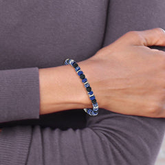 Chisel Stainless Steel Polished 6.40mm Blue Emperor and Black Onyx Beaded 7.5 inch Stretch Bracelet SRB3283