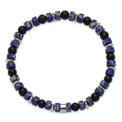 Chisel Stainless Steel Polished 6.40mm Blue Emperor and Black Onyx Beaded 7.5 inch Stretch Bracelet SRB3283