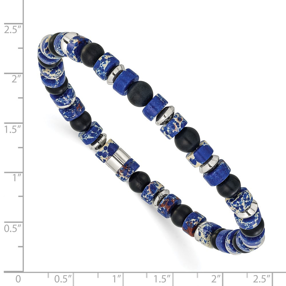Chisel Stainless Steel Polished 6.40mm Blue Emperor and Black Onyx Beaded 7.5 inch Stretch Bracelet SRB3283
