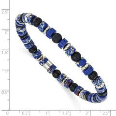Chisel Stainless Steel Polished 6.40mm Blue Emperor and Black Onyx Beaded 7.5 inch Stretch Bracelet SRB3283
