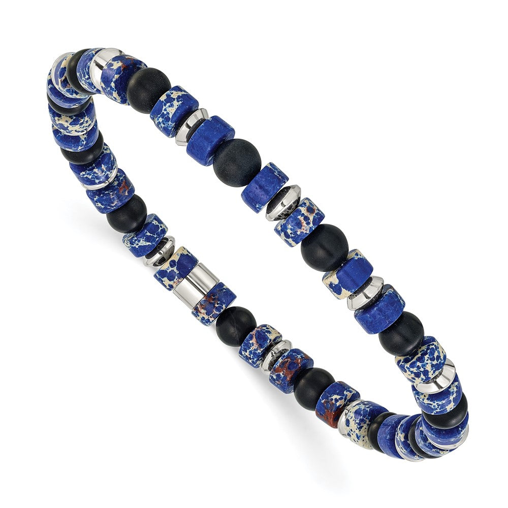 Chisel Stainless Steel Polished 6.40mm Blue Emperor and Black Onyx Beaded 7.5 inch Stretch Bracelet SRB3283