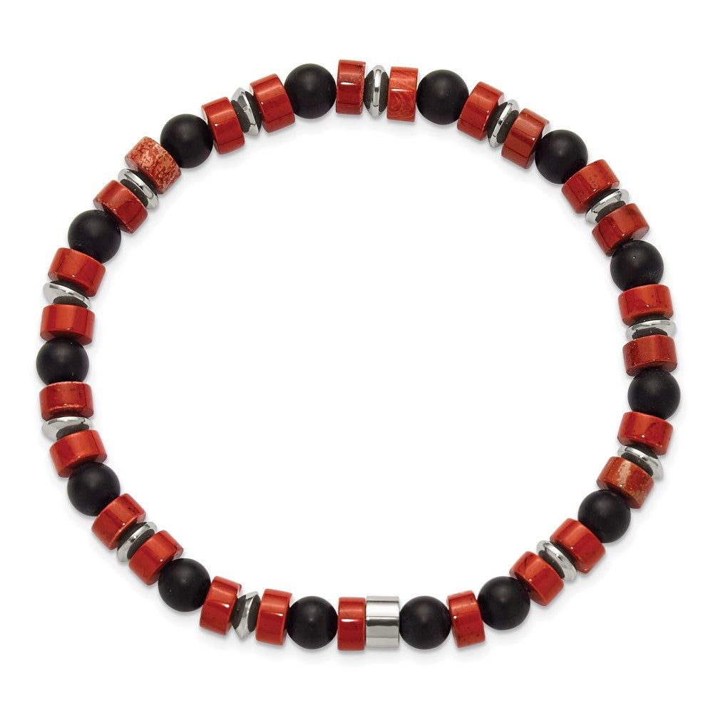 Chisel Stainless Steel Polished 6.30mm Red Agate and Black Onyx Beaded 7.5 inch Stretch Bracelet SRB3284