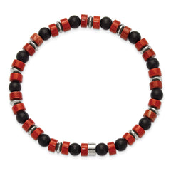 Chisel Stainless Steel Polished 6.30mm Red Agate and Black Onyx Beaded 7.5 inch Stretch Bracelet SRB3284