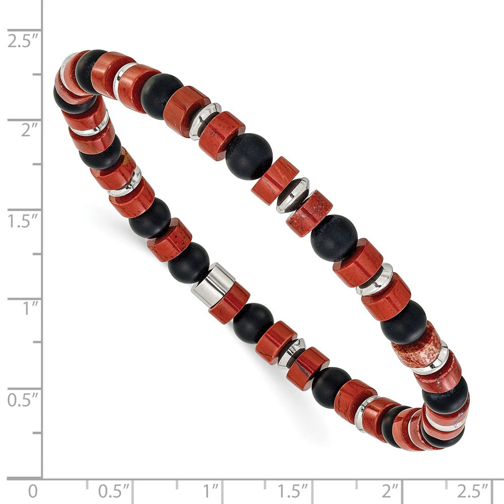 Chisel Stainless Steel Polished 6.30mm Red Agate and Black Onyx Beaded 7.5 inch Stretch Bracelet SRB3284