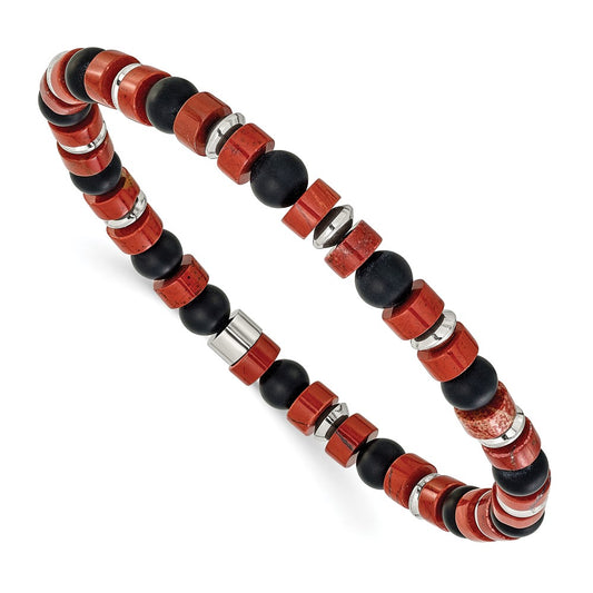 Chisel Stainless Steel Polished 6.30mm Red Agate and Black Onyx Beaded 7.5 inch Stretch Bracelet SRB3284
