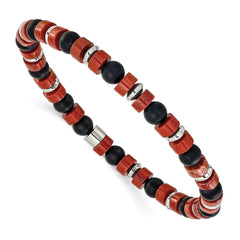 Chisel Stainless Steel Polished 6.30mm Red Agate and Black Onyx Beaded 7.5 inch Stretch Bracelet SRB3284
