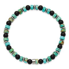 Chisel Stainless Steel Polished 6.30mm Marine-Green Emperor and Onyx Beaded 8 inch Stretch Bracelet SRB3285