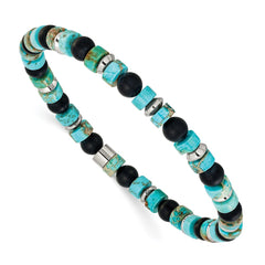 Chisel Stainless Steel Polished 6.30mm Marine-Green Emperor and Onyx Beaded 8 inch Stretch Bracelet SRB3285