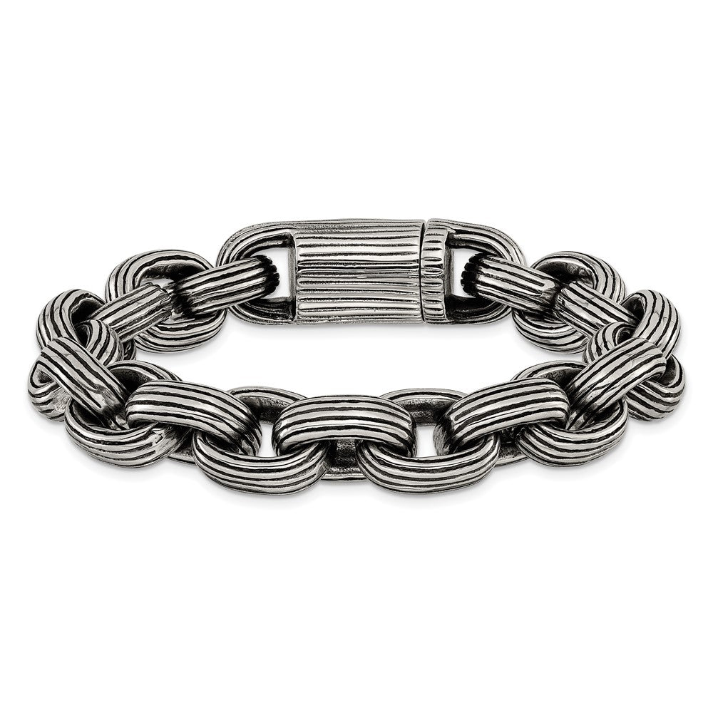 Chisel Stainless Steel Antiqued and Polished 8.5 inch Grooved Link Bracelet SRB3295-8.5
