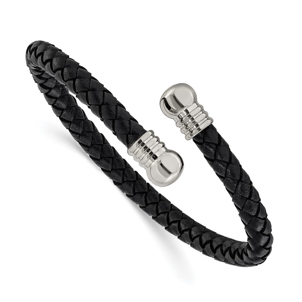 Chisel Stainless Steel Polished Black Leather Flexible Cuff Bangle SRB3297