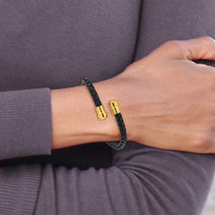 Chisel Stainless Steel Polished Yellow IP-plated Black Leather Flexible Cuff Bangle SRB3298