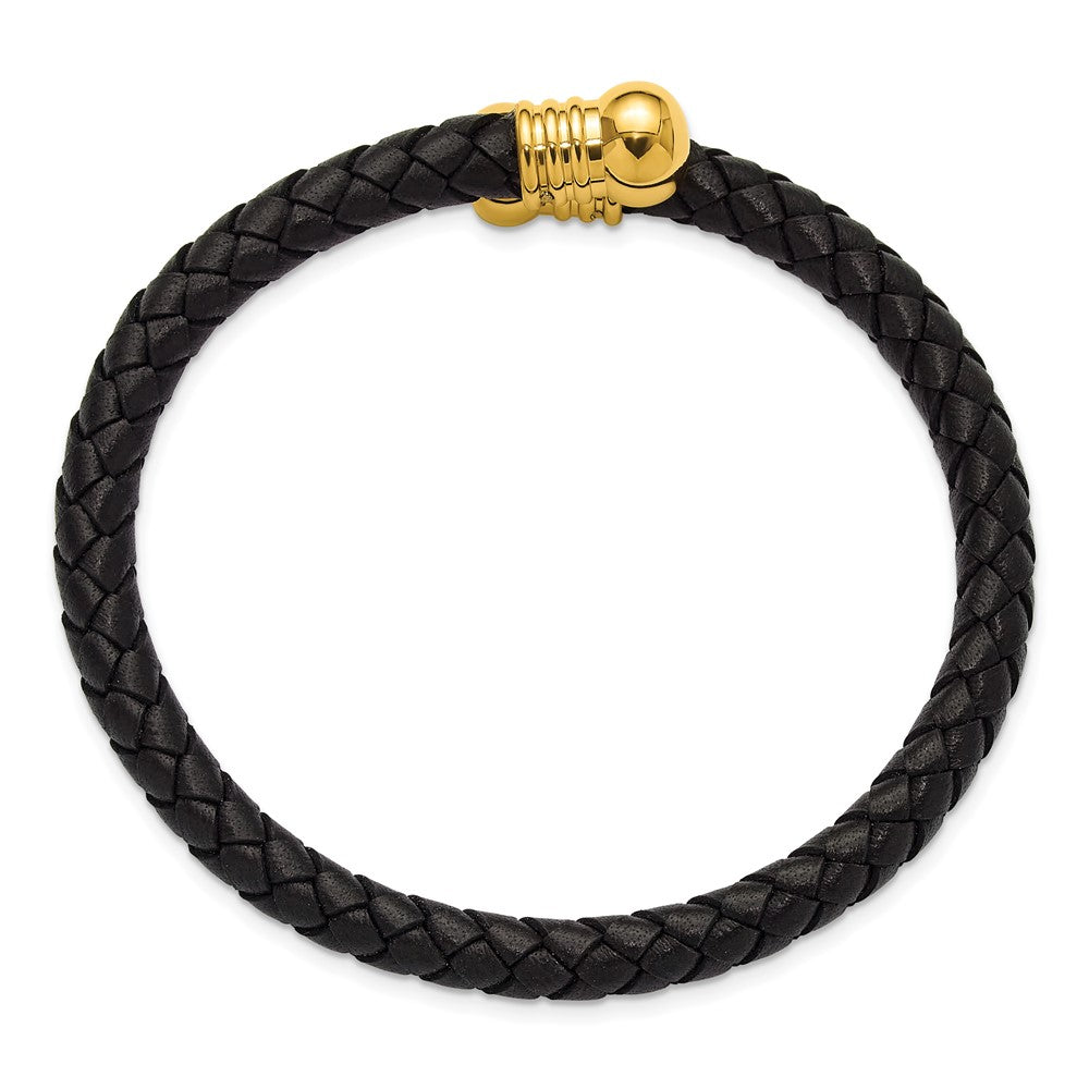 Chisel Stainless Steel Polished Yellow IP-plated Black Leather Flexible Cuff Bangle SRB3298