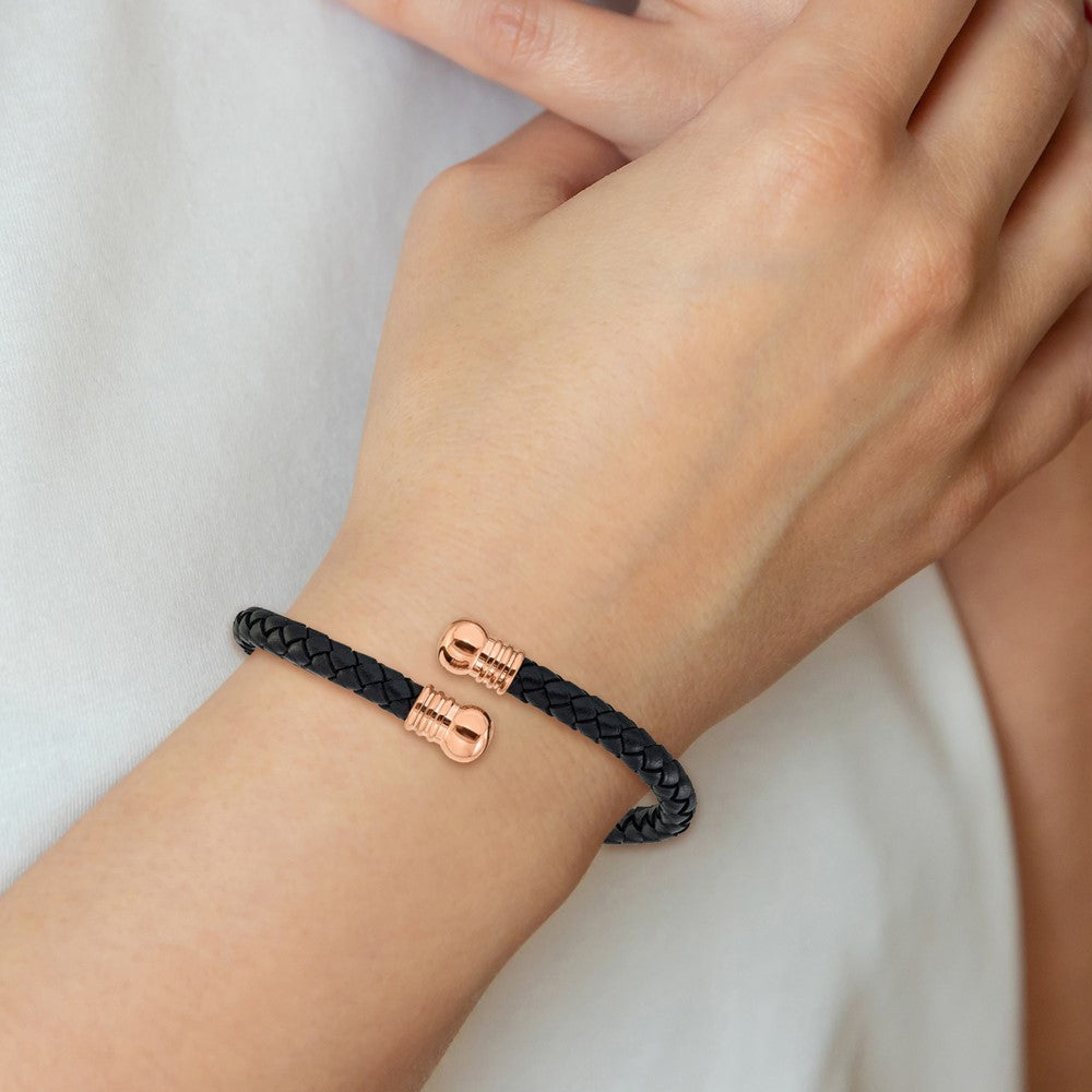 Chisel Stainless Steel Polished Rose IP-plated Black Leather Flexible Cuff Bangle SRB3299