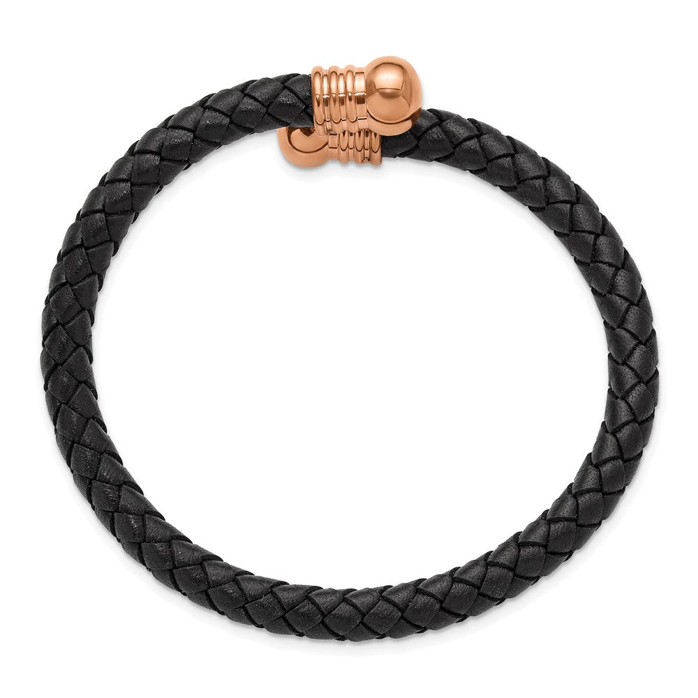 Chisel Stainless Steel Polished Rose IP-plated Black Leather Flexible Cuff Bangle SRB3299