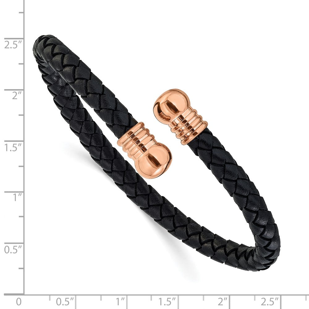 Chisel Stainless Steel Polished Rose IP-plated Black Leather Flexible Cuff Bangle SRB3299