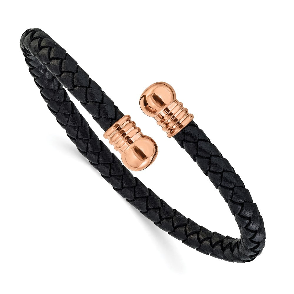 Chisel Stainless Steel Polished Rose IP-plated Black Leather Flexible Cuff Bangle SRB3299