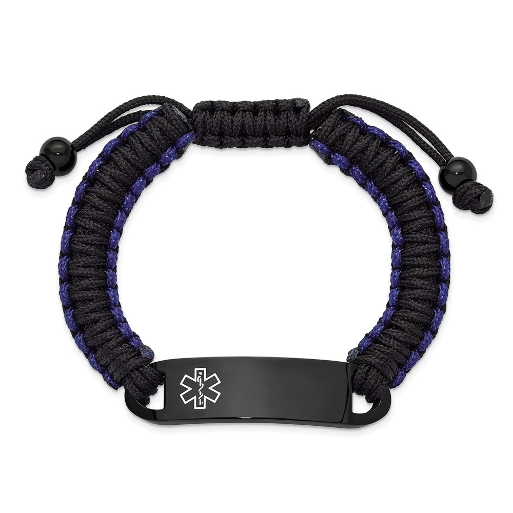 Chisel Stainless Steel Polished Black IP-plated and White Enamel Black and Blue Nylon 7.5 inch to 10.5 inch Adjustable Medical ID Bracelet SRB3314