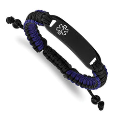 Chisel Stainless Steel Polished Black IP-plated and White Enamel Black and Blue Nylon 7.5 inch to 10.5 inch Adjustable Medical ID Bracelet SRB3314