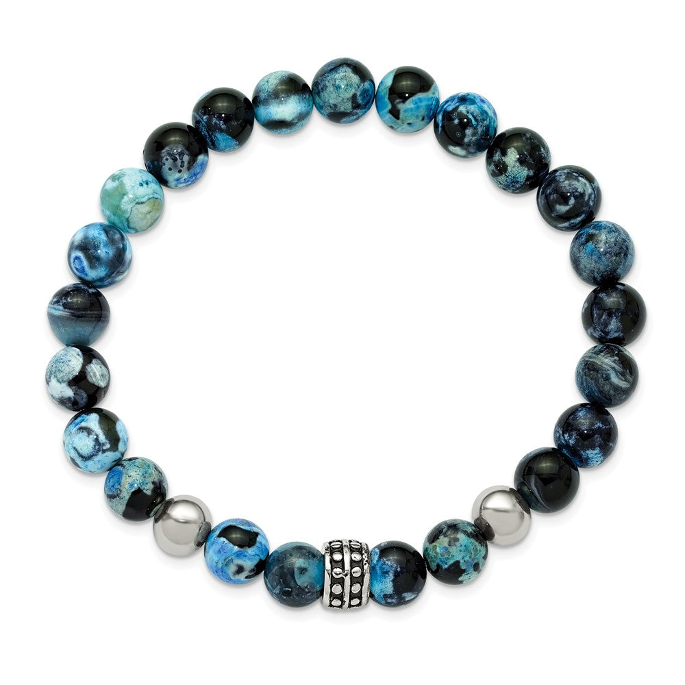 Chisel Stainless Steel Antiqued and Polished 8mm Black and Blue Apatite Beaded 7.25 inch Stretch Bracelet SRB3317