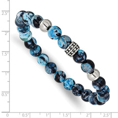 Chisel Stainless Steel Antiqued and Polished 8mm Black and Blue Apatite Beaded 7.25 inch Stretch Bracelet SRB3317