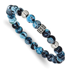 Chisel Stainless Steel Antiqued and Polished 8mm Black and Blue Apatite Beaded 7.25 inch Stretch Bracelet SRB3317