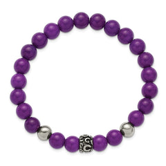 Chisel Stainless Steel Antiqued and Polished 8mm Purple Stone Beaded 7 inch Stretch Bracelet SRB3318