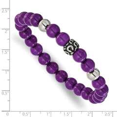 Chisel Stainless Steel Antiqued and Polished 8mm Purple Stone Beaded 7 inch Stretch Bracelet SRB3318