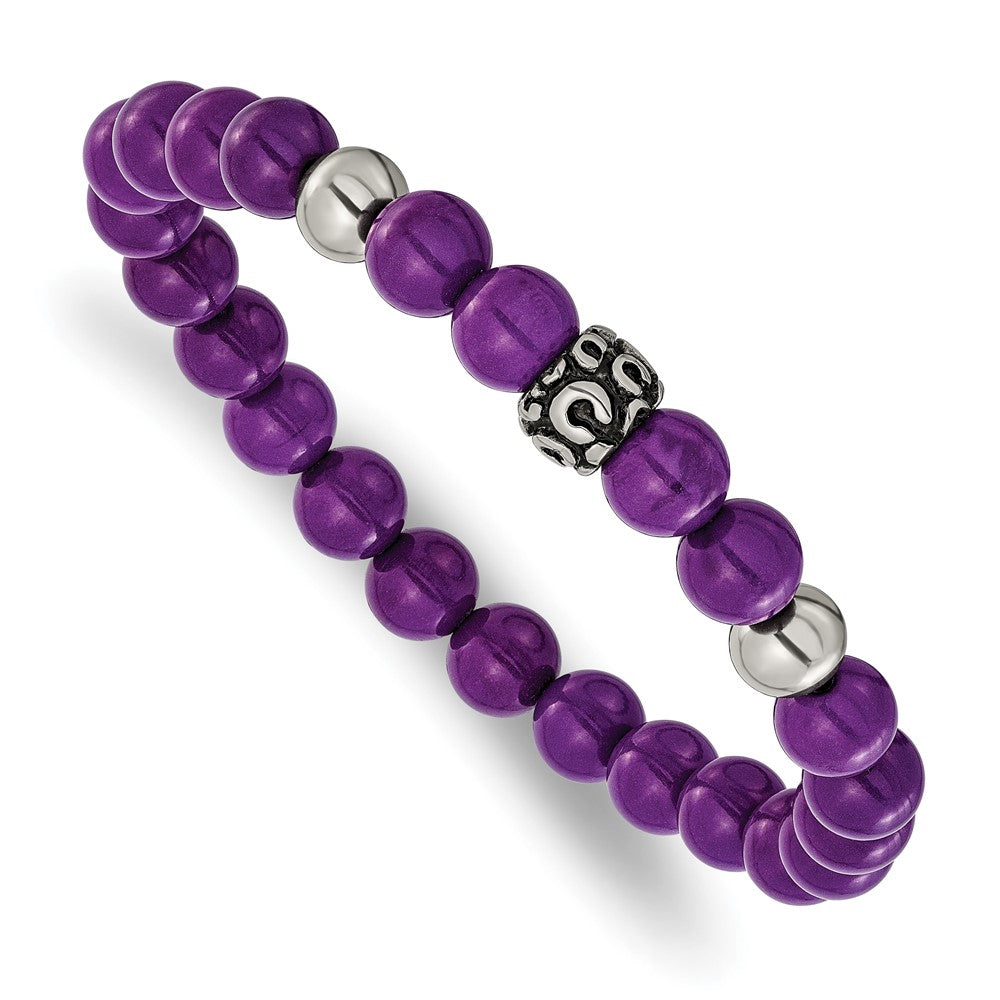 Chisel Stainless Steel Antiqued and Polished 8mm Purple Stone Beaded 7 inch Stretch Bracelet SRB3318